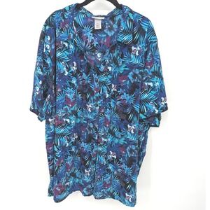 Catherines Blouse Womens Plus 4X Blue Tropical Floral Pintuck Button Up Top